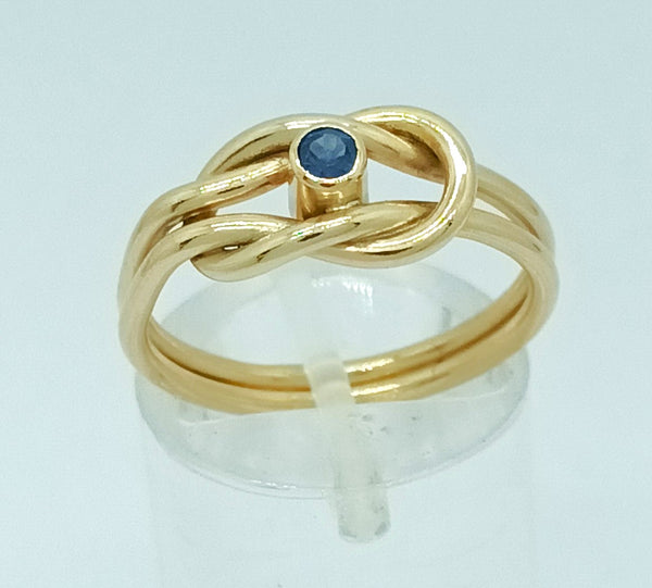 Gold Reef Knot Ring, with 3mm Blue Sapphire gemstone