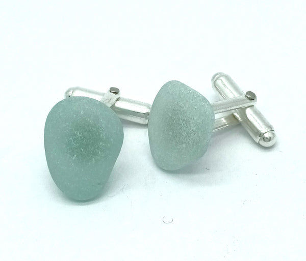 Seaglass and Silver Cufflinks - Aqua